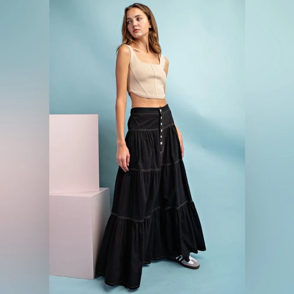 A-Line Tiered Button Up Maxi Skirt - eesome